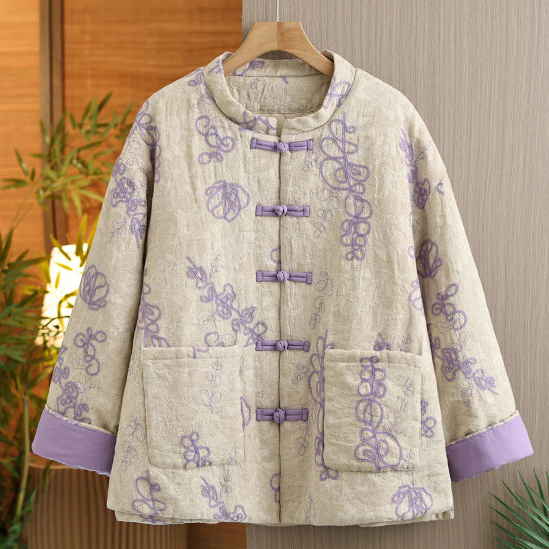 Buddha Stones Women's Winter Long Sleeve Stand Collar Frog-buttons Cotton-padded Jacket With Pockets
