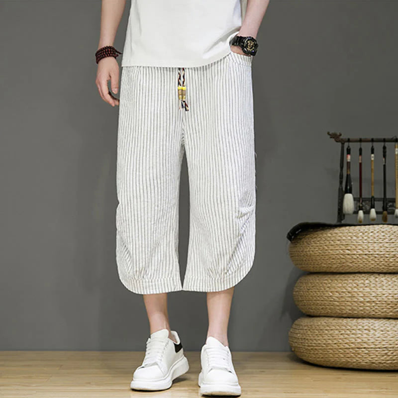 Buddha Stones Casual White Stripes Pattern Drawstring Button Design Men's Cotton Cropped Harem Pants With Pockets