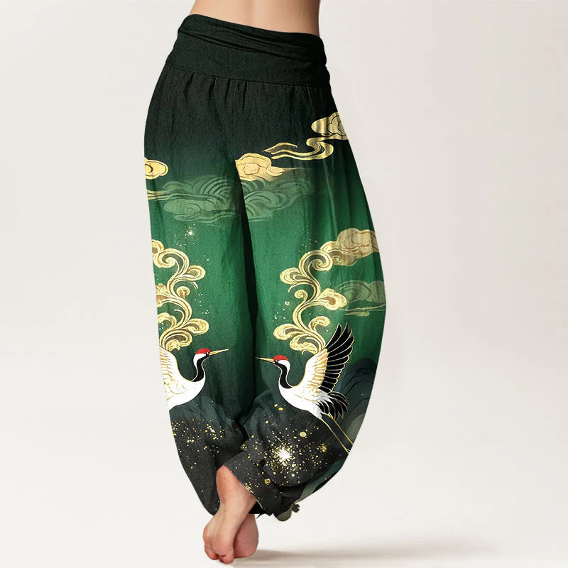 Buddha Stones Pure Cotton Colorful Crane Cloud Mountain Pattern Women's Elastic Waist Harem Pants