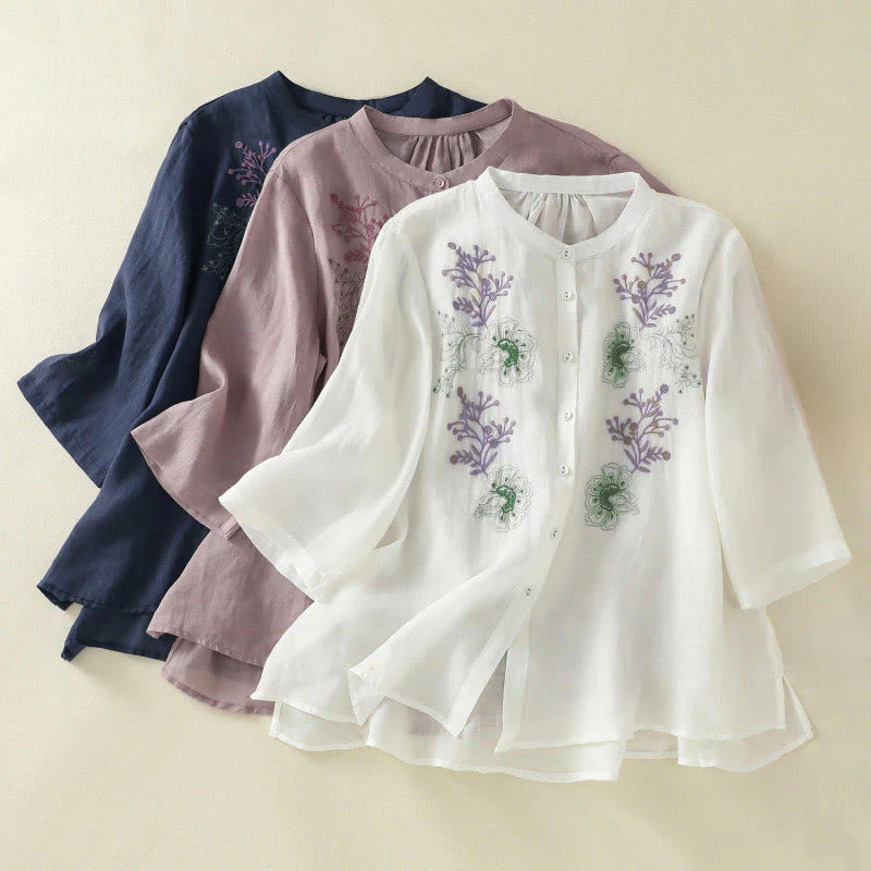 Buddha Stones Embroidery Pleated Design Stand Collar Three Quarter Sleeve Side Slit Hem Women's Cotton Shirt