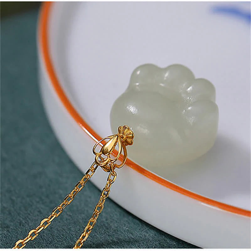 Buddha Stones 925 Sterling Silver Hetian White Jade Cute Cat Paw Luck Necklace Pendant