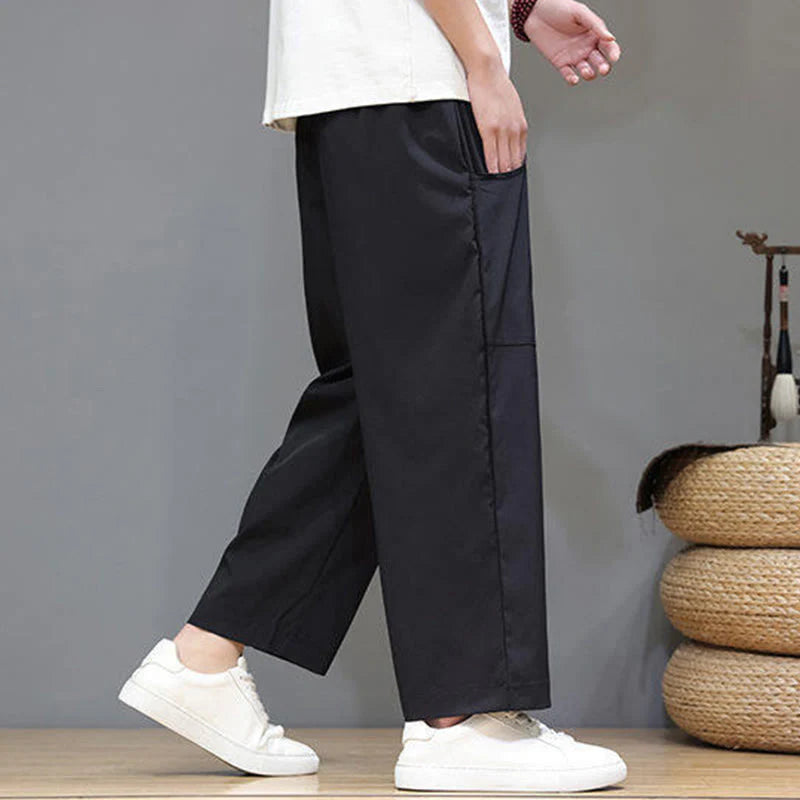 Buddha Stones Summer Solid Color Drawstring Straight Leg 7-8 Length Men's Pants With Pockets