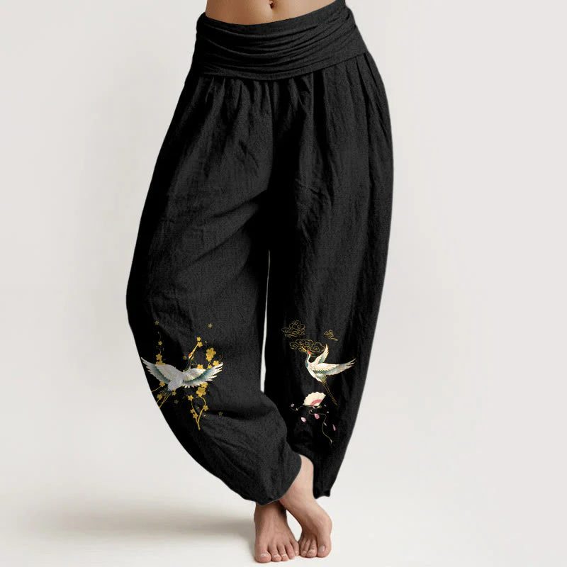 Buddha Stones Crane Auspicious Clouds Flower Pattern Pure Cotton Women's Elastic Waist Harem Pants