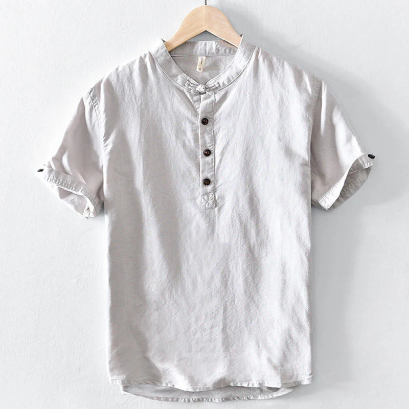 Buddha Stones Solid Color Half Button Design Stand Collar Men's Short Sleeve Cotton Linen Shirt