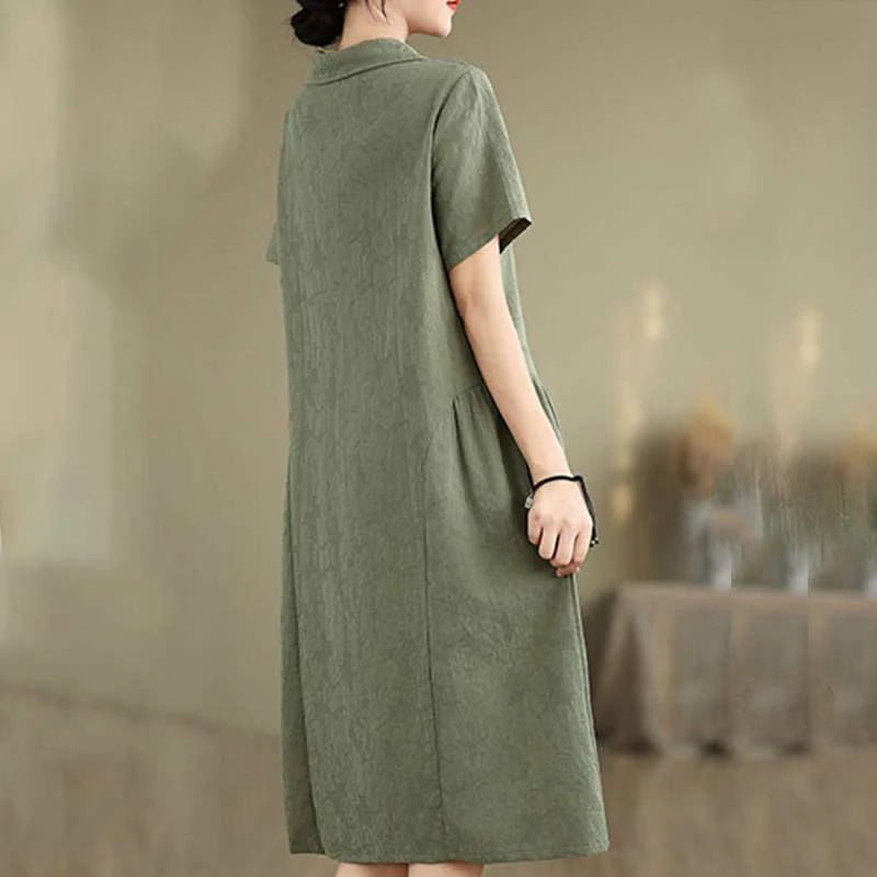 Buddha Stones Plain Jacquard Lapel Cotton Linen Short Sleeve Midi Dress With Pockets