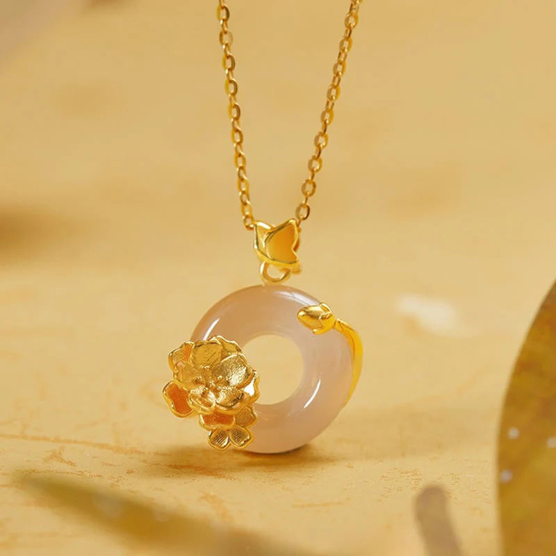 Buddha Stones Natural 925 Sterling Silver White Chalcedony Peace Buckle Peach Blossom Butterfly Positive Necklace Pendant