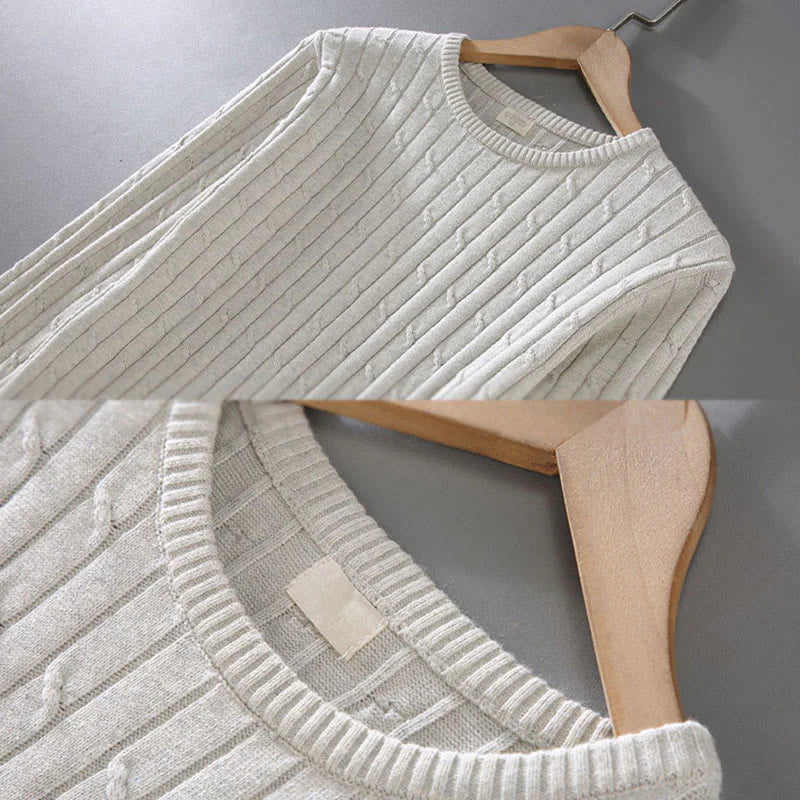 Buddha Stones Cable Knit Design Men's Crew Neck Long Sleeve Pure Cotton Sweater