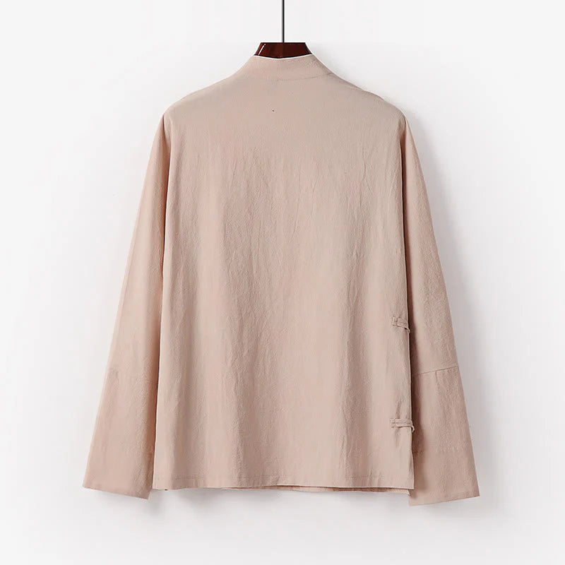Buddha Stones Vintage Plain Chinese Frog-Button Cotton Long Sleeve Men's Shirt