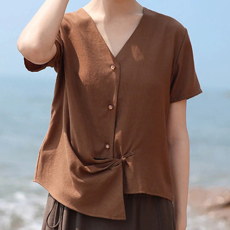 Buddha Stones Button Irregular Design V-Neck Cotton Linen Women's Short Sleeve Shirt