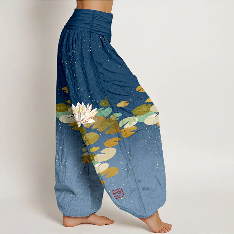 Buddha Stones Printed White Lotus Leaves Pattern Women's Elastic Waist Harem Pure Cotton Pants