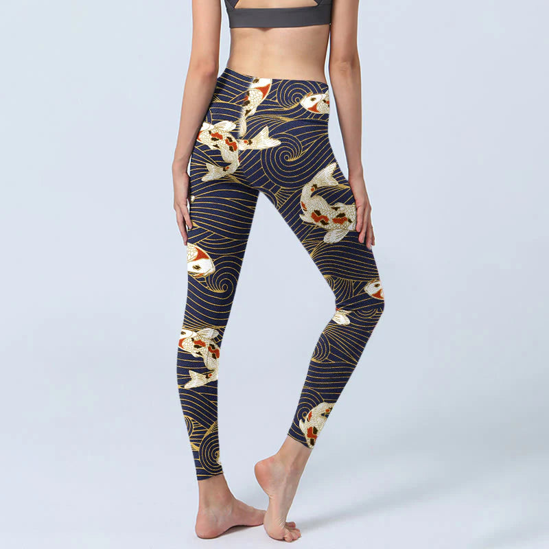 Buddha Stones White Red Koi Fish Ocean Waves Print Gym Leggings Women's Yoga Pants