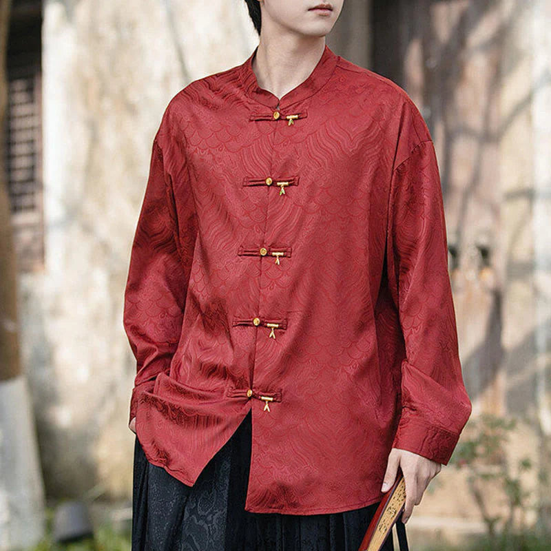 Buddha Stones Chinese Frog-Button Bamboo Shape Design Stand Collar Men's Long Sleeve Shirt