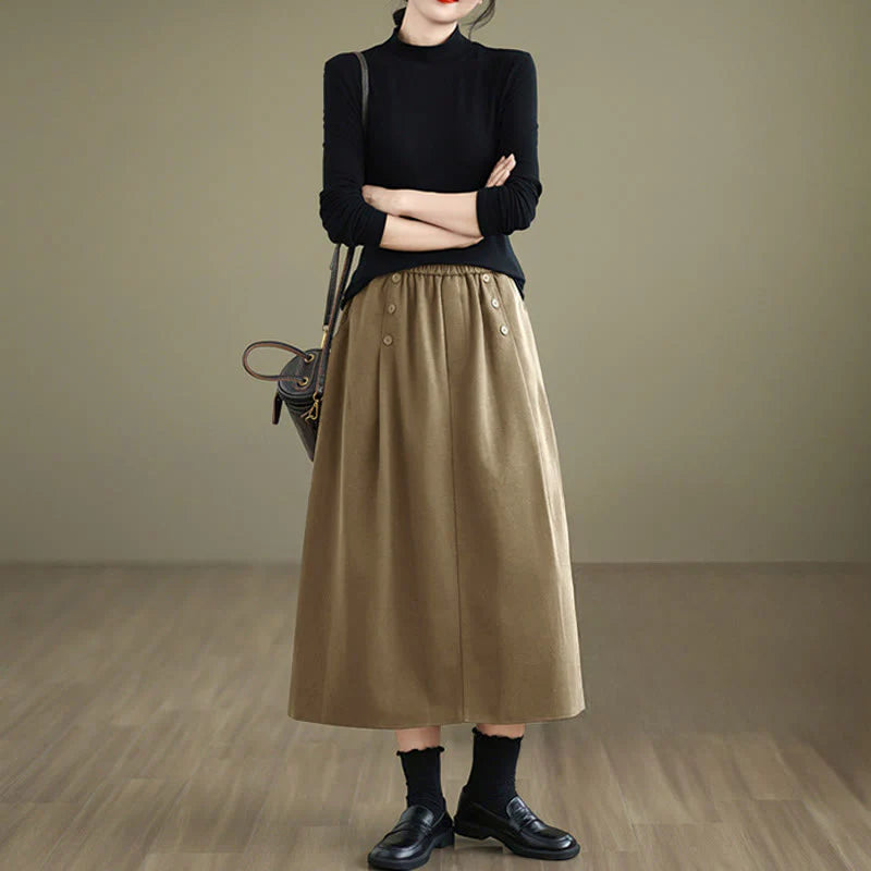 Buddha Stones Women's Winter Pure Color Cotton 7-8 Length Elastic Waistband Skirt With Pockets