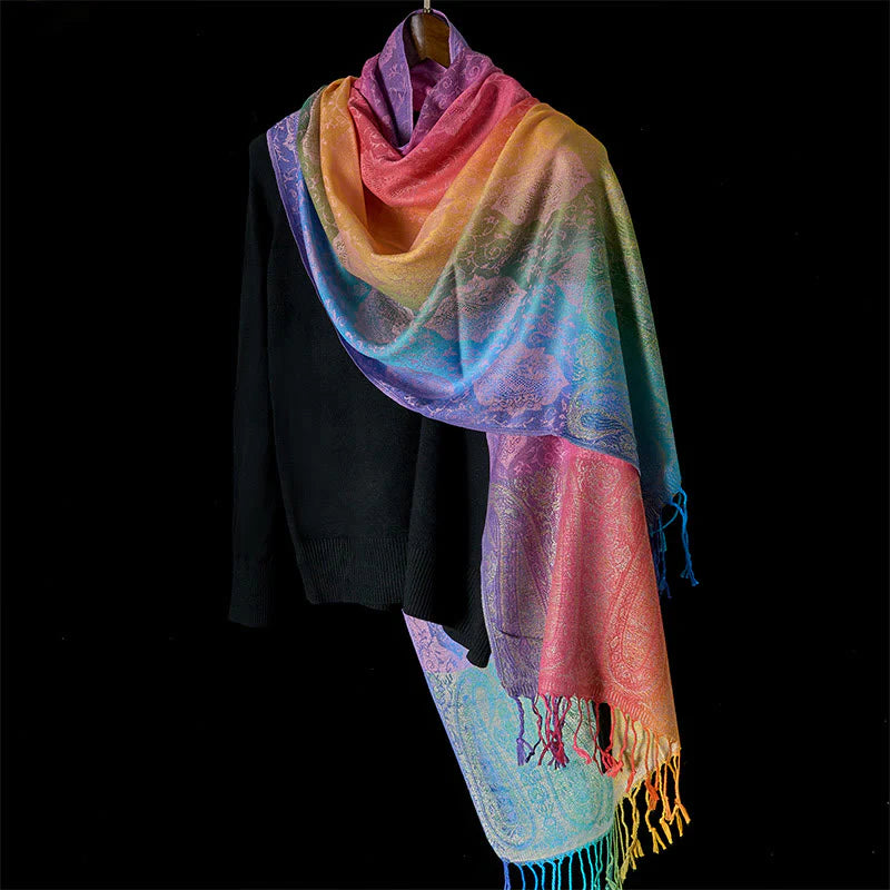 Buddha Stones Spring Colorful Gradient Cashew Flower Pattern Tassel Cozy Scarf Shawl