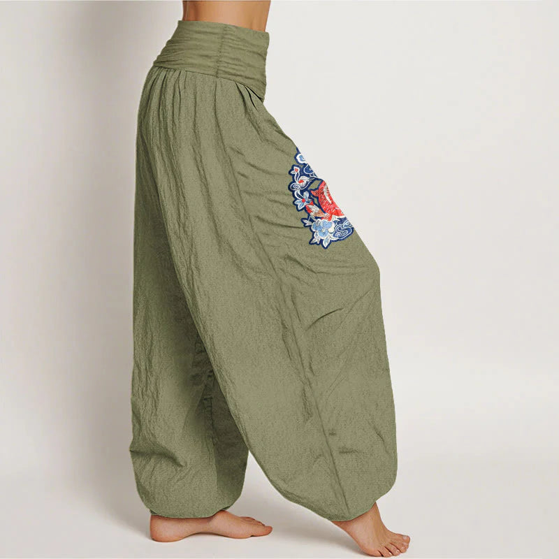 Buddha Stones Pure Cotton Striking Koi Fish Flower Pattern Women's Elastic Waist Harem Pants