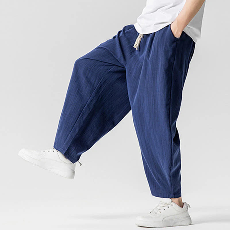 Buddha Stones Summer Pure Color Drawstring Men's Cotton Ankle-Length Pants With Pockets