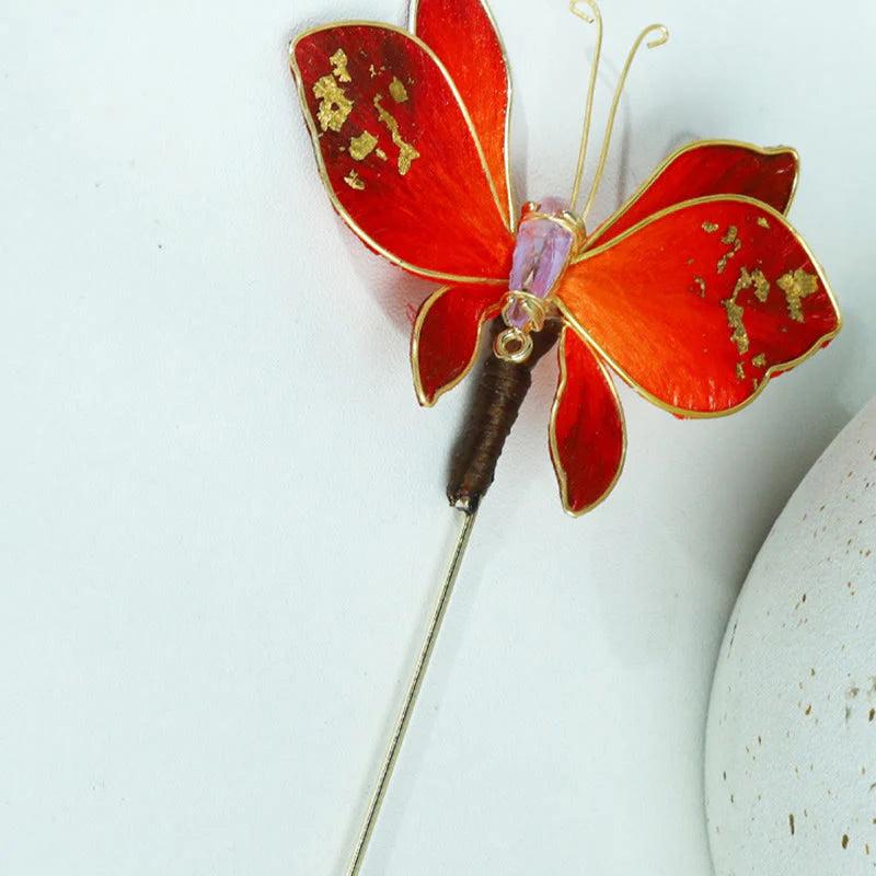 Buddha Stones Handcrafted Silk Art Velvet Flower Red Butterfly Brooch