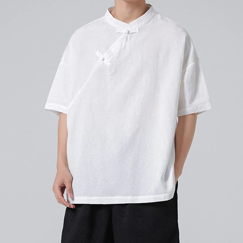 Buddha Stones Retro Pure Color Frog-Button Design Jacquard Flower Pattern Men's Short Sleeve Cotton Linen Shirt