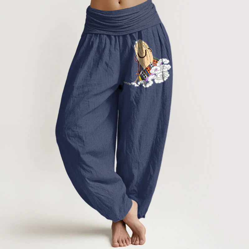 Buddha Stones Pure Cotton Simple Lively Clasped Hands Prayer Beads Clouds Pattern Women's Elastic Waist Harem Pants