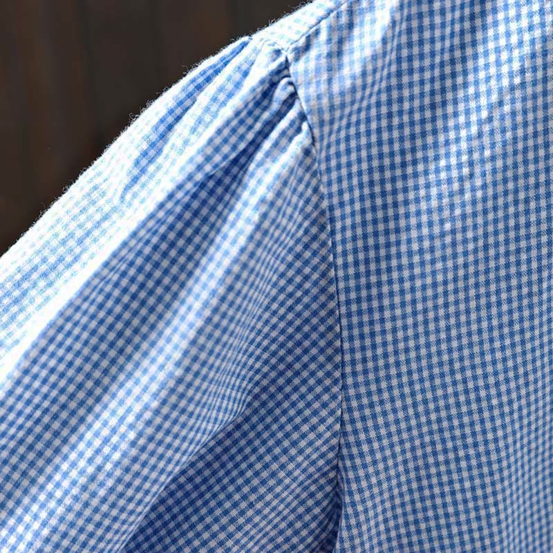 Buddha Stones Spring Small Plaid Buttons Down Long Sleeve Women's Cotton Shirt