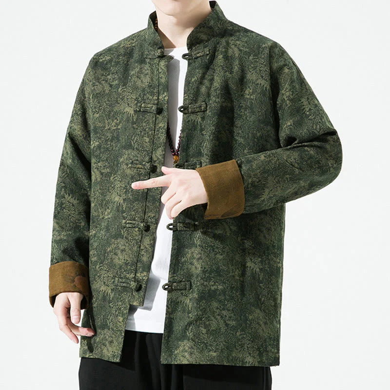 Buddha Stones Spring Printed Floral Pattern Men's Chinese Frog-button Long Sleeve Cotton Jacket