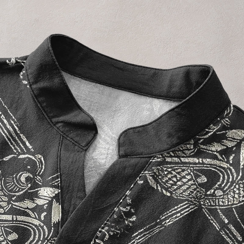 Buddha Stones Cotton Koi Fish Bamboo Pattern Men's Short Sleeve Half Button Shirt