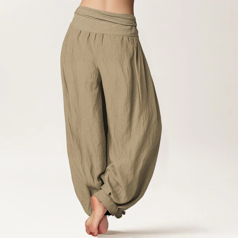 Buddha Stones Cotton Tan Solid Color Women's Elastic Waist Harem Pants