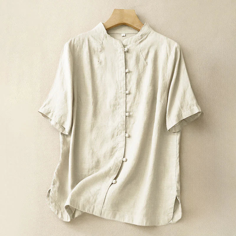 Buddha Stones Summer Women's Cotton Short Sleeve Stand Collar Side Slit Frog-Button Design Shirt