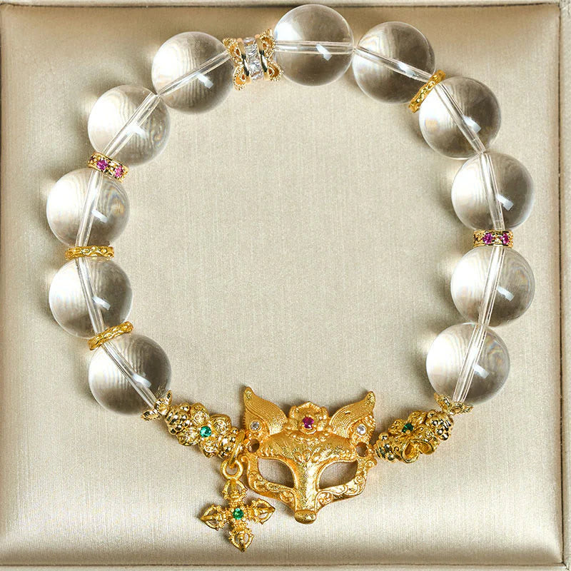 Buddha Stones Fox Cross Charm White Crystal Beaded Protection Bracelet