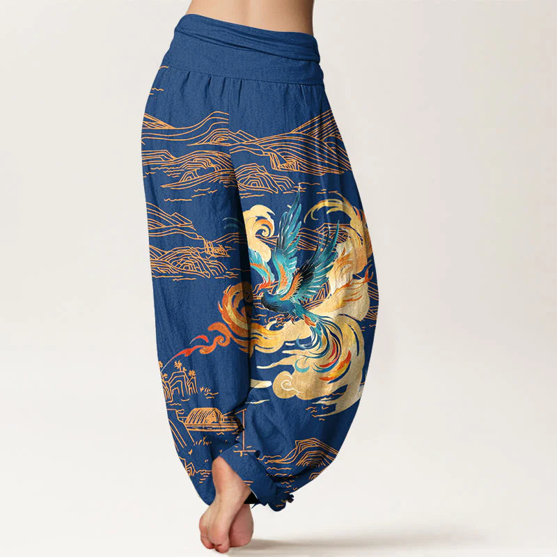 Buddha Stones Phoenix Mountains Landscape Pattern Women's Elastic Waist Harem Pure Cotton Pants