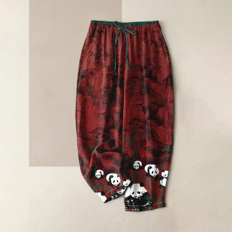 Buddha Stones Cotton Pandas Bamboo Print Elastic Waist Women's Pants With Pockets