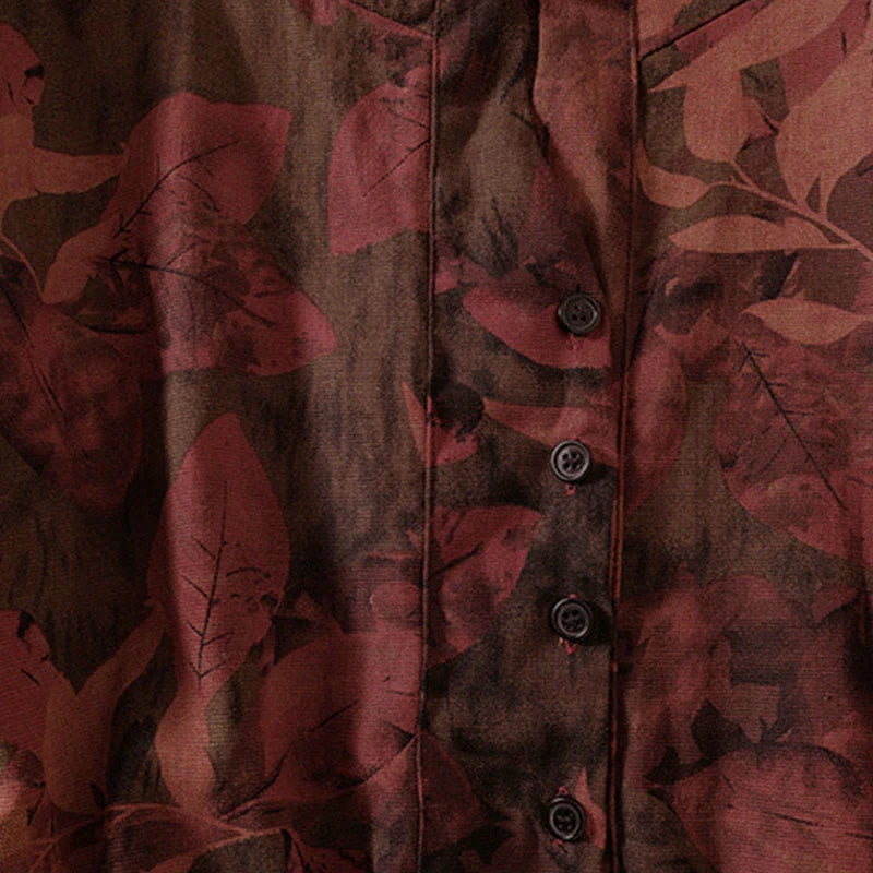Buddha Stones Casual Flower Printed Pattern Buttons Design Long Sleeve Midi Dress With Pockets
