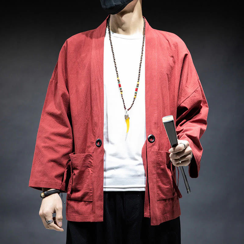 Buddha Stones Solid Color Lace-up Open Front Jacket Cotton Men's Kimono