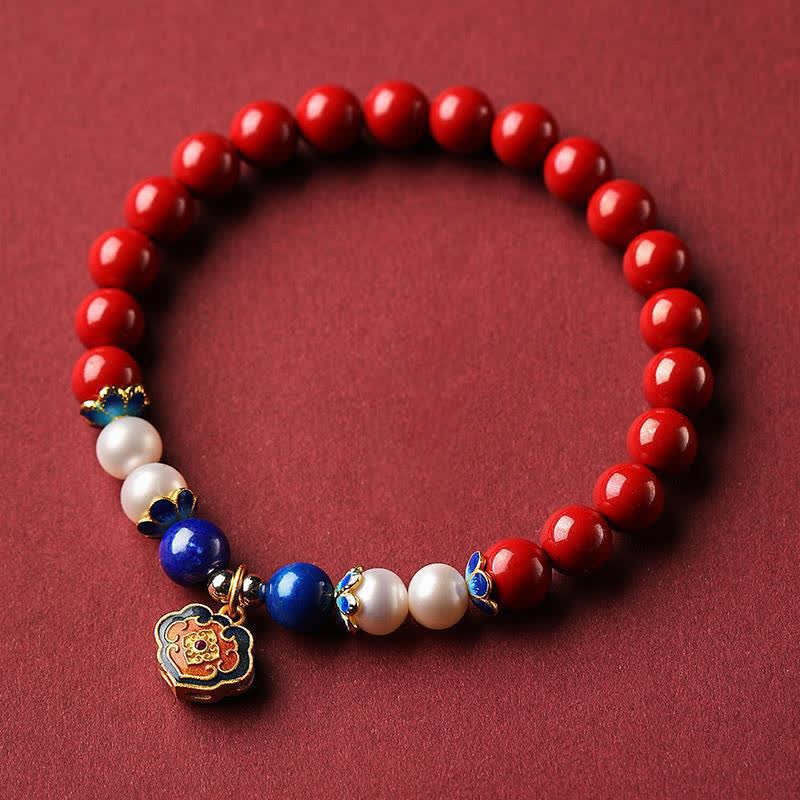Buddha Stones Cinnabar Lapis Lazuli Chinese Lock Charm Blessing Bracelet