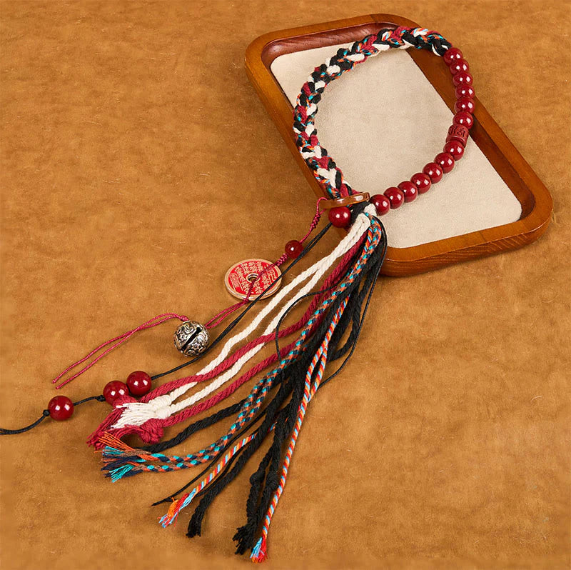 Buddha Stones Tibetan Mountain Ghosts Spend Money Cinnabar Double-Layer Red Rope Tassel Protection Bracelet