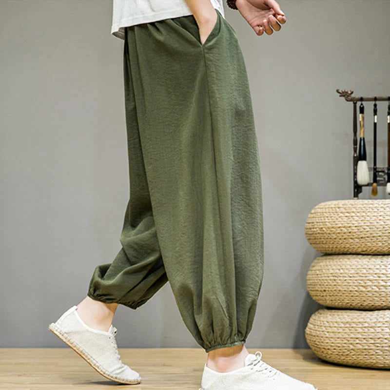 Buddha Stones Summer Plain Drawstring Men's Ankle-Length Cotton Harem Pants With Pockets
