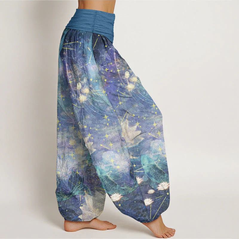 Buddha Stones Pure Cotton Koi Fish Lotus Moon Stars Pattern Women's Elastic Waist Harem Pants