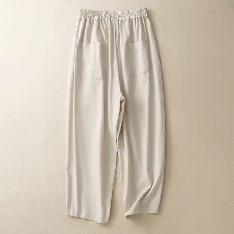 Buddha Stones Spring Solid Color Elastic Waist Cotton Women's Straight Leg Pants With Pockets