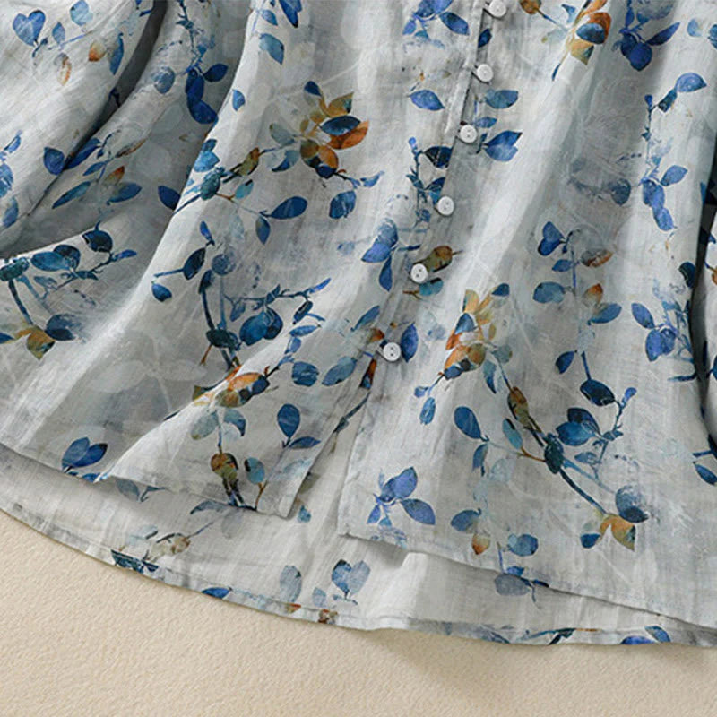 Buddha Stones Blue Floral V-Neck Three Quarter Sleeve Women's Cotton Shirt