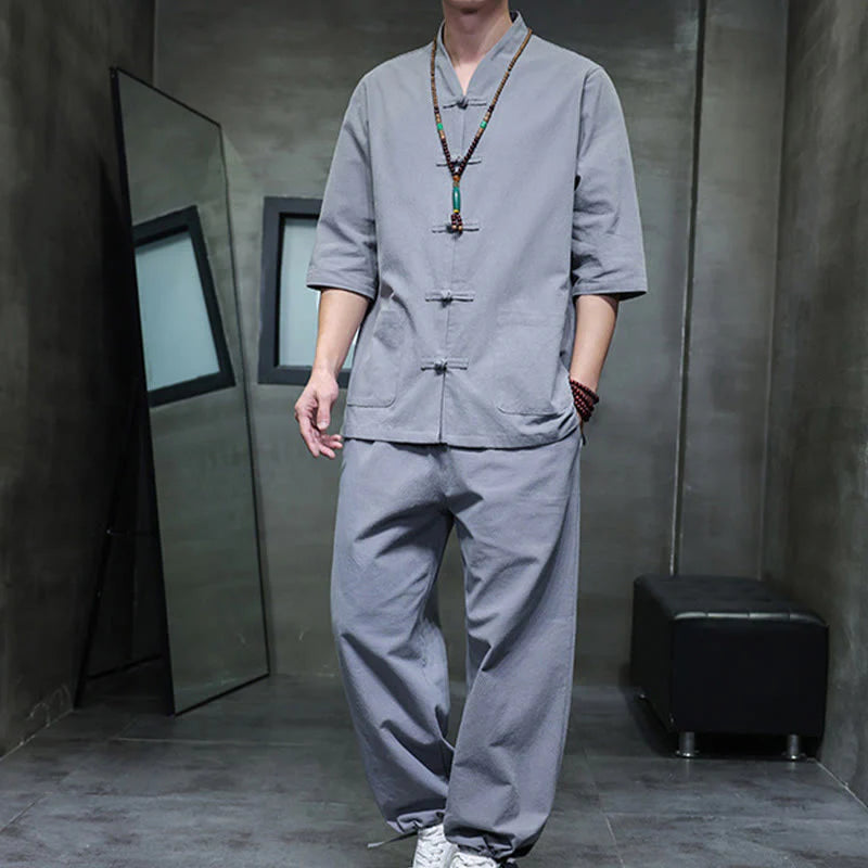 Buddha Stones 2Pcs Tang Suit Frog-Button Design Shirt Pants With Pockets Men's Cotton Linen Meditation Cloth Set
