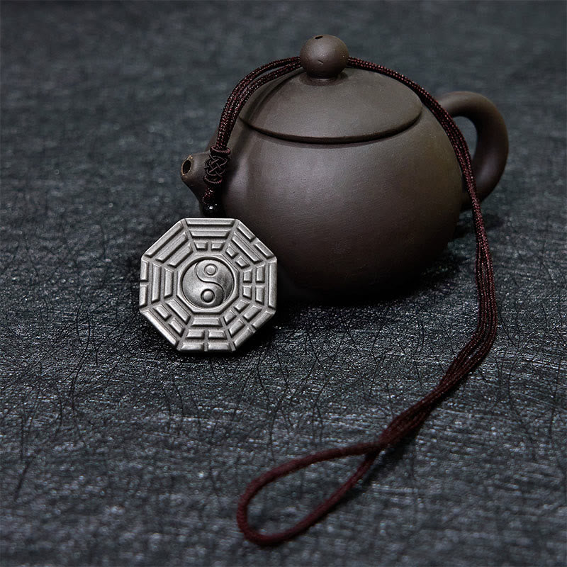 Buddha Stones Silver Sheen Obsidian Bagua Yin Yang Symbol Protection Necklace Pendant