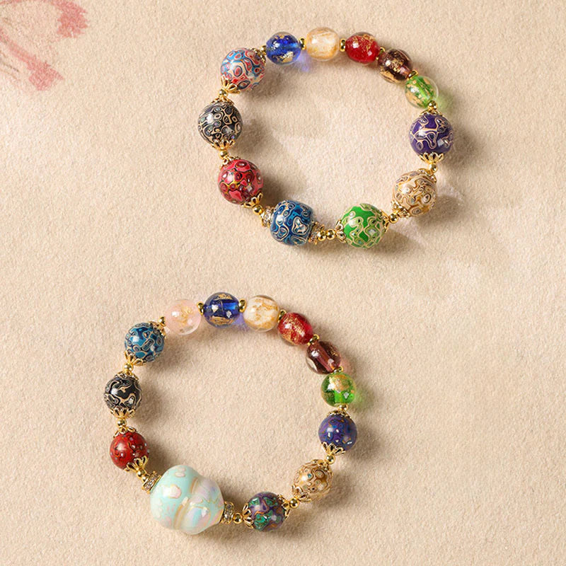 Buddha Stones Colorful Liuli Glass Sandalwood Gourd Bead Lacquer Craft Bracelet