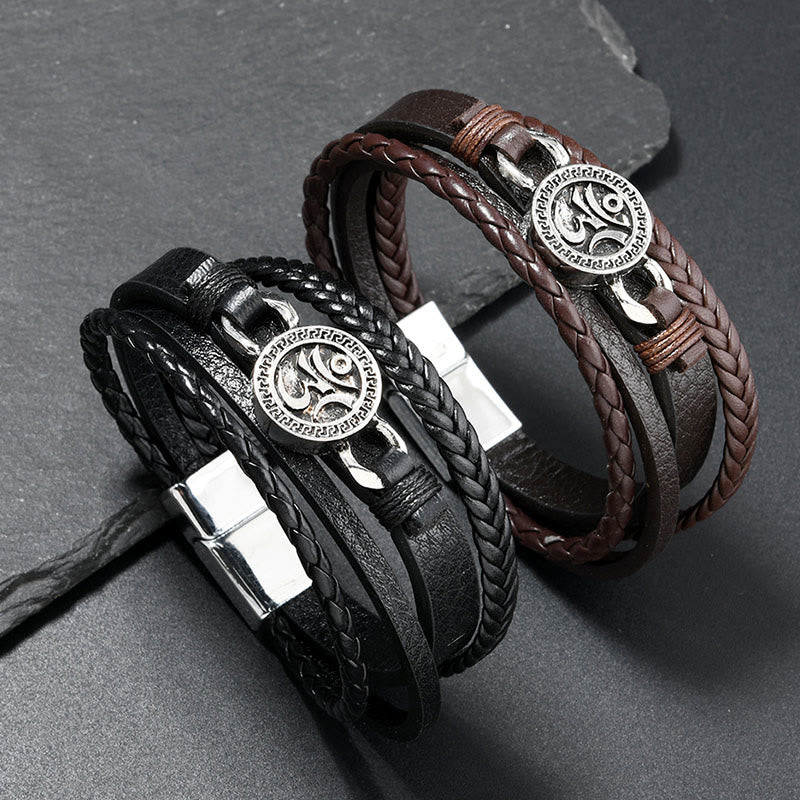 Buddha Stones Om Round Engraved Multilayered Braided Retro Leather Bracelet