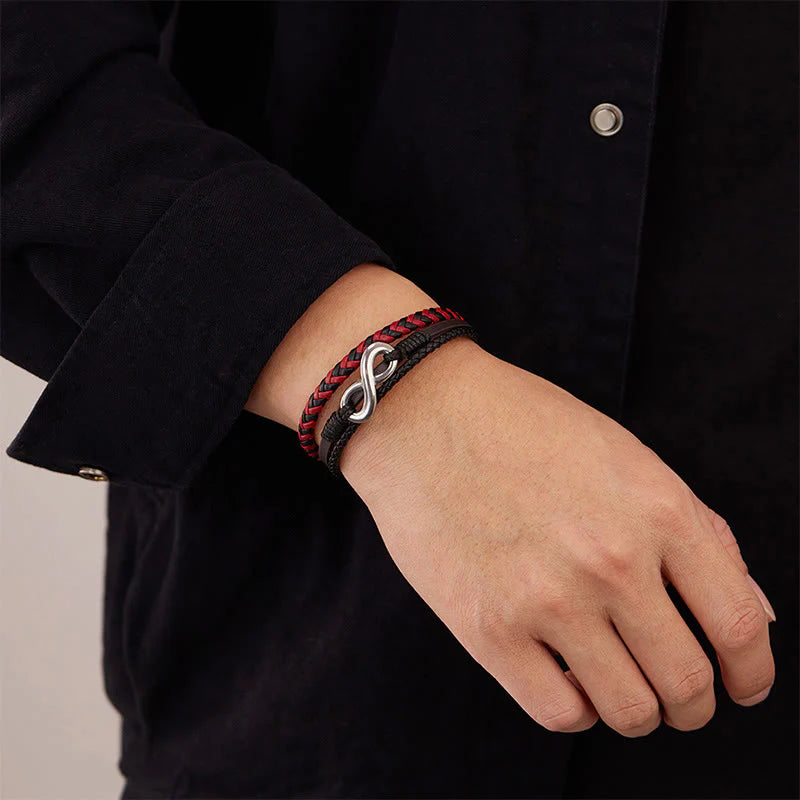 Buddha Stones Infinitely Design Titanium Steel Braided Three-layer Leather Balance Bracelet