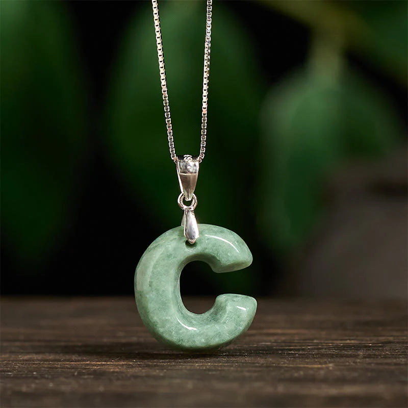 Buddha Stones Natural A-Z Letter Jade 925 Sterling Silver Silm Chain Prosperity Necklace Pendant