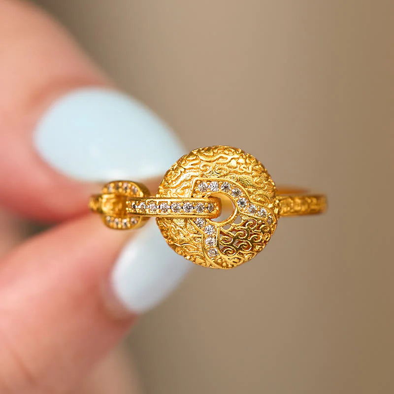 Buddha Stones 24k Gold Plated Brass Hollow Carved Design Peace Buckle Adjustable Fortune Ring
