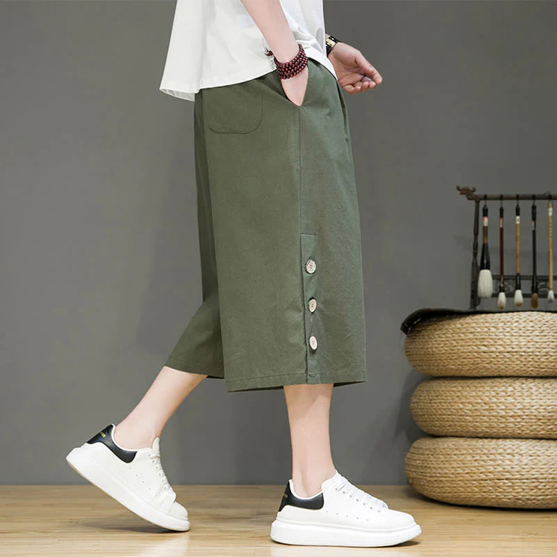 Buddha Stones Casual Plain Side Button Design Drawstring Men's Cotton Cropped Pants With Pockets