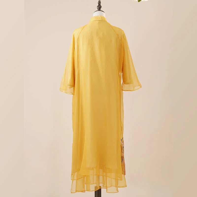 Buddha Stones 100% Mulberry Silk Organza Dress Embroidered Yellow Phoenix Qipao Cheongsam Dress  (Extra 30% Off | USE CODE: FS30)