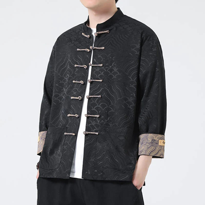 Buddha Stones Frog-Button Mountain Wave Pattern Long Sleeve Men's Cotton Jacket With Pockets