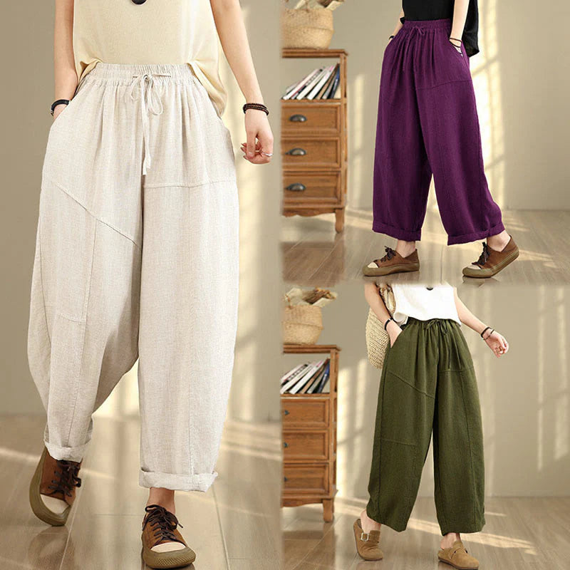 Buddha Stones Women's Fall Plain Color Drawstring Cotton Linen 7-8 Length Pants With Pockets